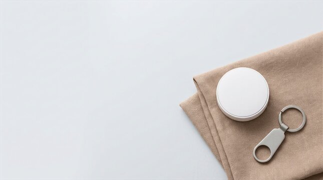 Round wireless bluetooth tracker and silver keychain on linen cloth, lost item finder