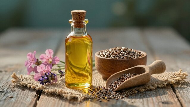 A glass bottle of golden flaxseed oil sits beside a wooden bowl and scoop filled with seeds, surrounded by pink flowers on rustic wood.