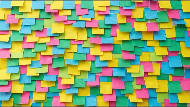 Colorful paper notes fill the frame across three sequential views, creating an abstract background for organization, planning, reminders, and communication