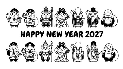 Obraz premium Happy New Year 2027 Japanese Lucky Hamsters Black White Vector Card