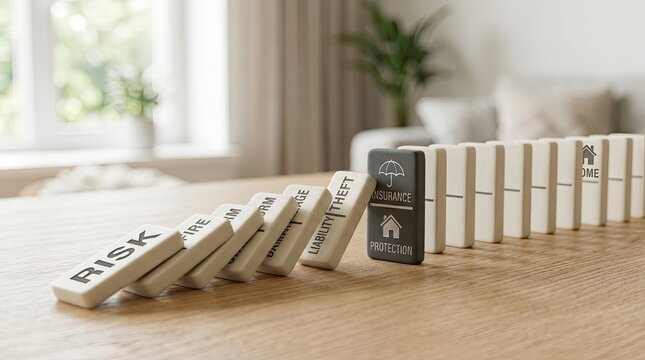 Home Insurance Protection Concept with Falling Dominoes Representing Risks like Fire Theft and Damage Stopped by Insurance Block