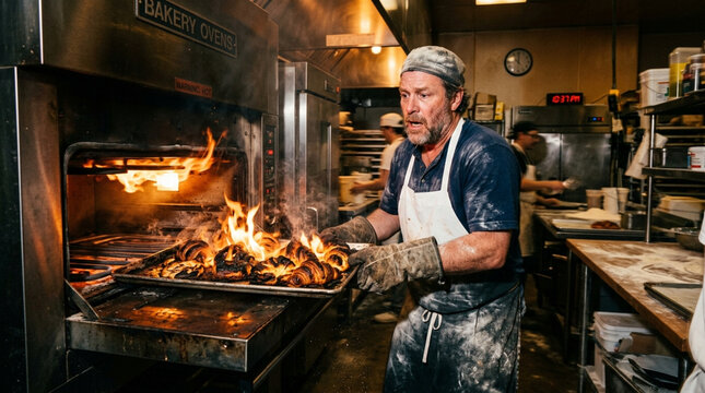 Shocked Baker Holding Tray of Flaming Burning Croissants in Commercial Kitchen Disaster