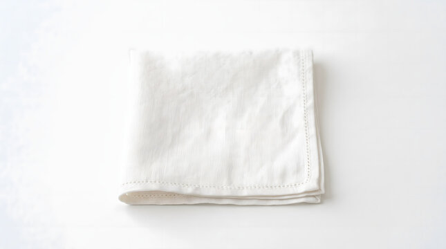 Clean folded square white linen napkin textile with fine hemmed stitched edges lying flat isolated on pure white background for fine dining restaurant branding and kitchen product mockup