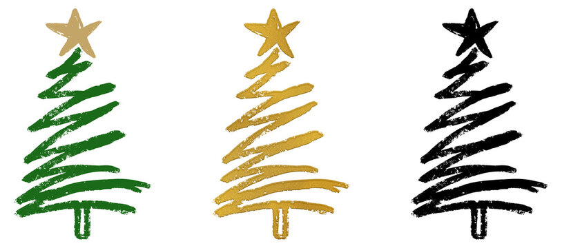 Set of three hand drawn Christmas tree illustrations in green, gold, and black sketch styles, suitable for holiday cards, festive decorations, seasonal graphics, and Christmas designs.