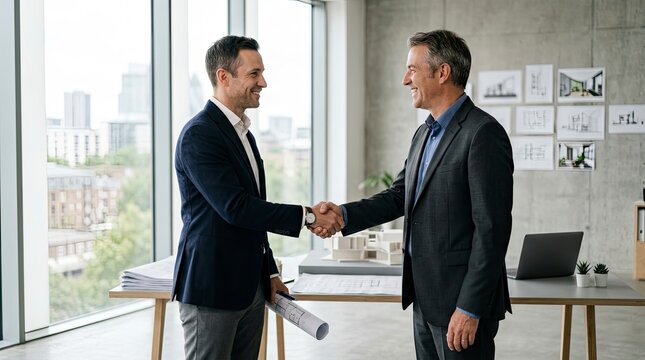 Successful Architects Shaking Hands in Modern High-Rise Office with Cityscape Background