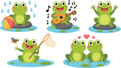 Obraz premium Cute cartoon green frog character set with funny activities playing guitar catching butterfly singing under rain and couple in love vector illustration