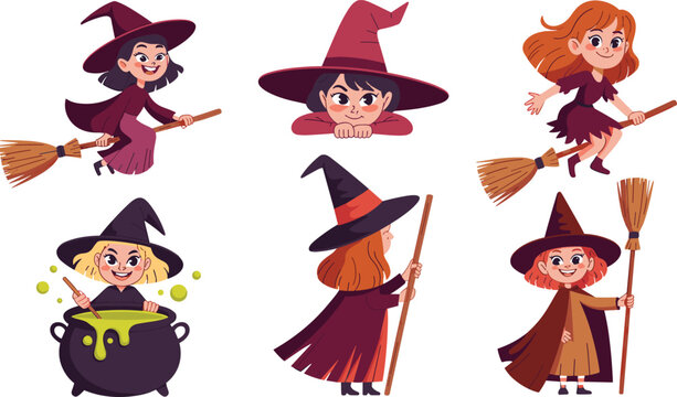 Cute cartoon little witch vector set featuring adorable girl characters flying on broomsticks and cooking magic potion