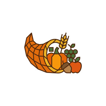 Stylized Cornucopia Illustration with Autumn Harvest Fruits and Pumpkin