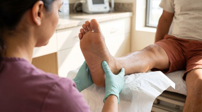 Podiatry: Clinician palpates patient's foot during examination in medical clinic