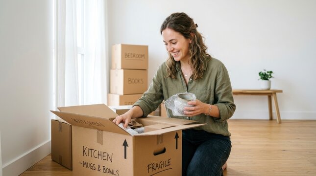Happy Young Woman Unpacking Fragile Kitchen Items from Cardboard Boxes in New Home