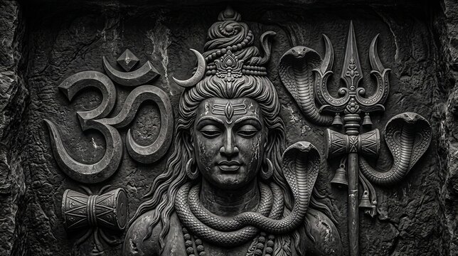 Lord shiva stone sculpture with om symbol and holy trishula trident