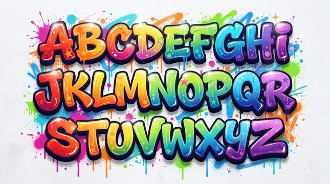 Vibrant graffiti bubble alphabet A-Z, glossy gradient puffy 3D letters orange yellow green blue purple, stars dots, paint splatter drips, bold outline white!!!!