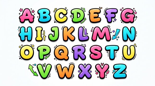 Colorful bubble A-Z, glossy puffy letters pink blue yellow green purple orange, bold outline, stars arrows doodles, cute playful cartoon font white!!!