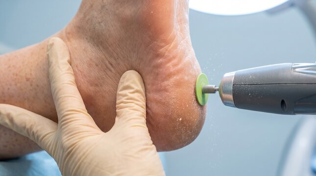 Podiatry: Clinician removes dry heel callus with rotary tool during professional foot care