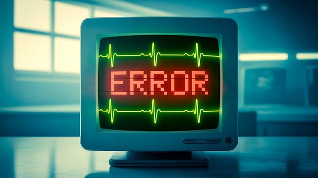 System error alert displayed on a digital monitor with warning signal