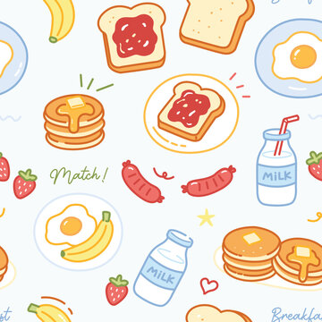 Cute Multicolor Breakfast Food Pattern Background 