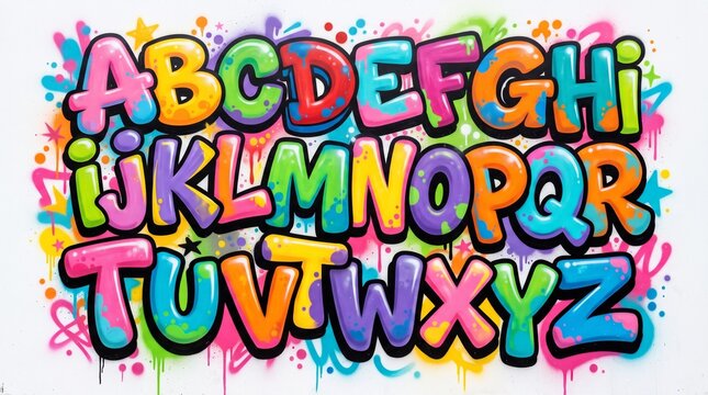 Vibrant graffiti bubble alphabet A-Z, glossy gradient puffy letters, black outline, stars, swirls, dots, paint drips, playful colorful doodle style on white