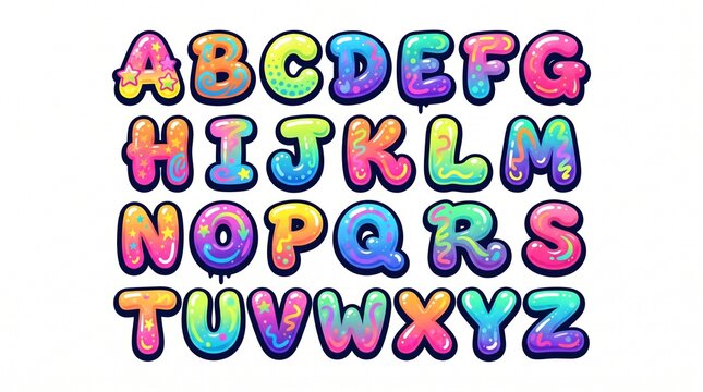 Vibrant graffiti bubble alphabet A-Z, glossy gradient puffy letters, black outline, stars, swirls, dots, paint drips, playful colorful doodle style on white