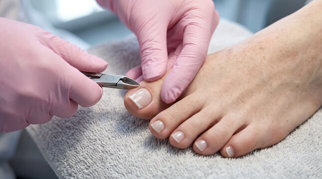 Beauty: Nail technician trimming cuticles during a professional spa pedicure treatment