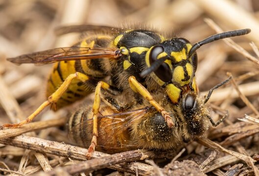 Wasp feeding honeybee carcass