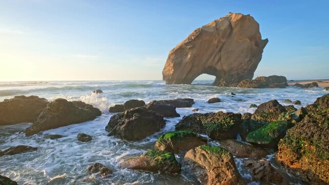Penedo do Guincho is a large rock arch at Praia da Santa Cruz in Portugal. Waves crash against rocks while the sun sets over the beach creating a vibrant view of nature.
