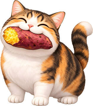  焼き芋をくわえたぽっちゃり三毛猫の可愛い秋のイラスト