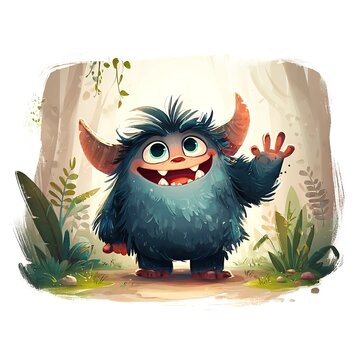 Cute fluffy blue monster character with small horns watercolor illustration isolated on white background