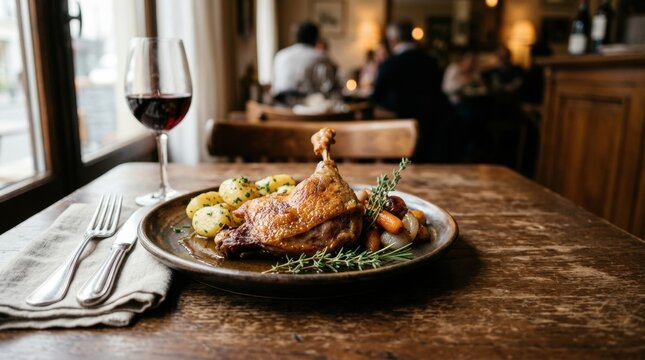 Classic french duck leg confit with roasted baby potatoes and glass of red wine on rustic table in cozy bistro restaurant.