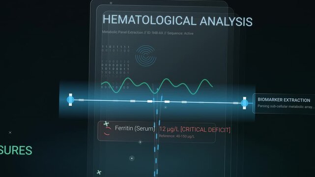 Futuristic medical HUD interface showing hematological analysis, erythrocyte profile, and nutritional countermeasures with AI projecting dietary vectors for iron replenishment