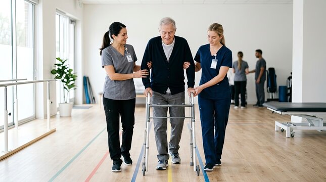 Two professional female nurses assisting a senior man with a walker in a bright physical therapy clinic during rehabilitation exercise