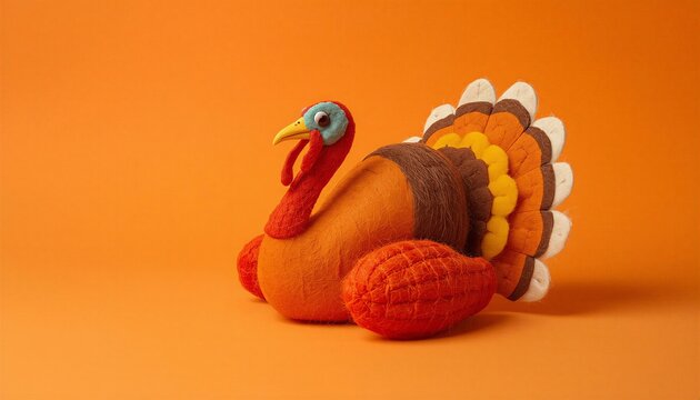Handcrafted felt turkey toy on orange background, cute Thanksgiving decoration, handmade textile bird craft for autumn holiday celebration