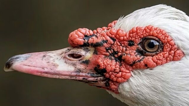 Extreme close-up shot of a white Muscovy duck head showing detailed red caruncles around the eyes and bill.
