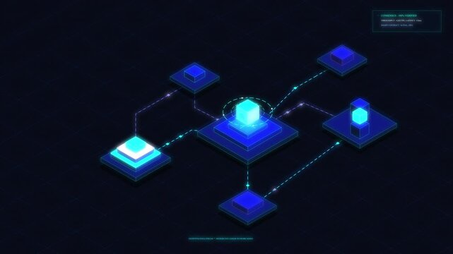 Digital network nodes connecting information flow, glowing blue circuits, abstract technology background, data transfer, cyberspace