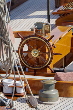 Details of a sailboat in old style moored the harbour