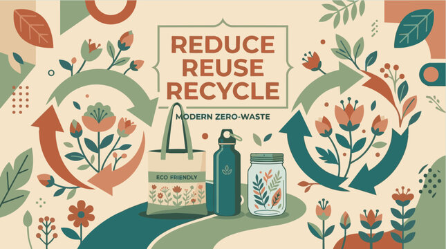 Reduce reuse recycle poster with floral arrows and sustainable lifestyle items in retro earth tone colors flat vector illustration for eco friendly campaign design
