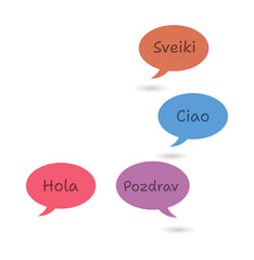 Colorful speech bubbles with greetings in different languages on transparent background © Mahmuda