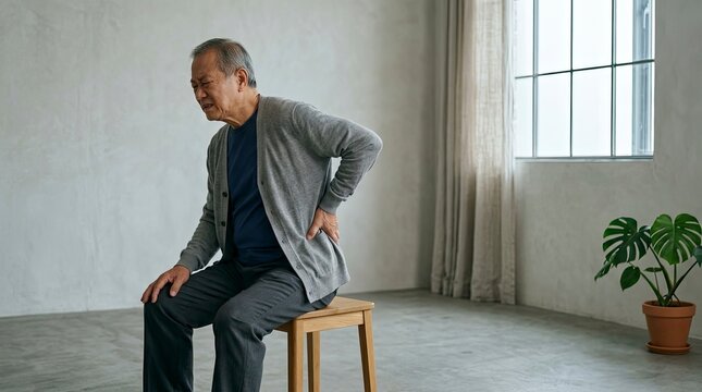 Elderly Asian man suffering from lower back pain while sitting on a stool in a minimalist interior