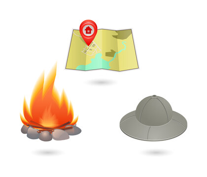 Camping adventure map and hat on fire on transparent background