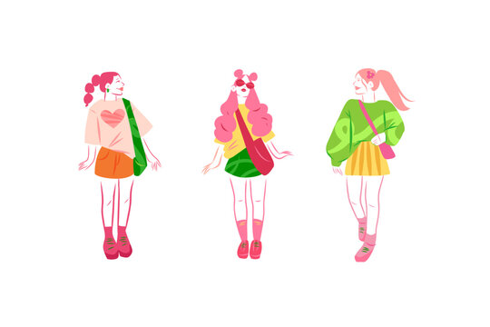 Colorful Young Women Fashion Vector Set, Stylish Teenage Girls with Shoulder Bags, Student Characters and Back to School Lifestyle Illustration