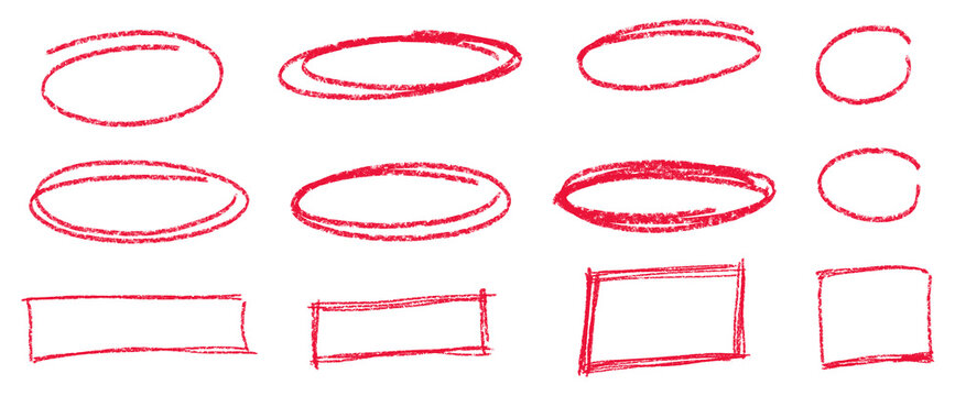 Set of red crayon hand drawn oval and rectangle outline frames with rough imperfect edges, suitable for labels, highlights, stickers, notes, and playful graphic designs.