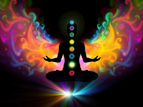 Silhouette with seven glowing chakras along spine, surrounded by colorful aura in lotus posture, wellness, zen