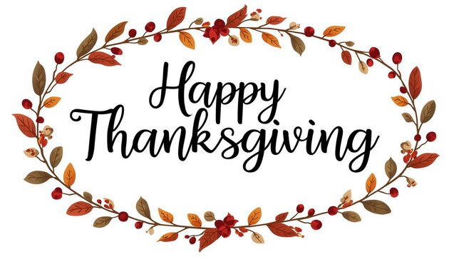 Happy Thanksgiving greeting card with autumn leaf wreath, fall foliage border with red berries, elegant seasonal calligraphy on white background