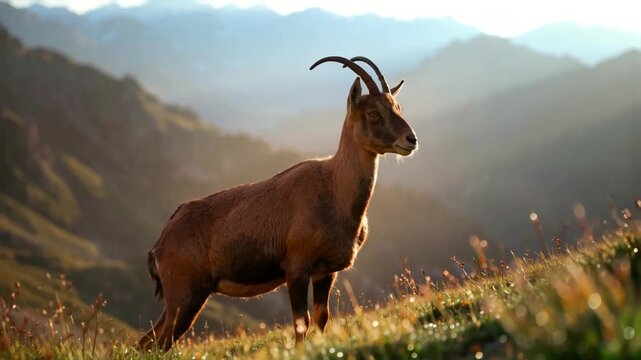 Alpine Ibex Stands Alert in Golden Mountain Meadow at Sunrise Cinematic Wildlife Shot Nature Documentary Footage