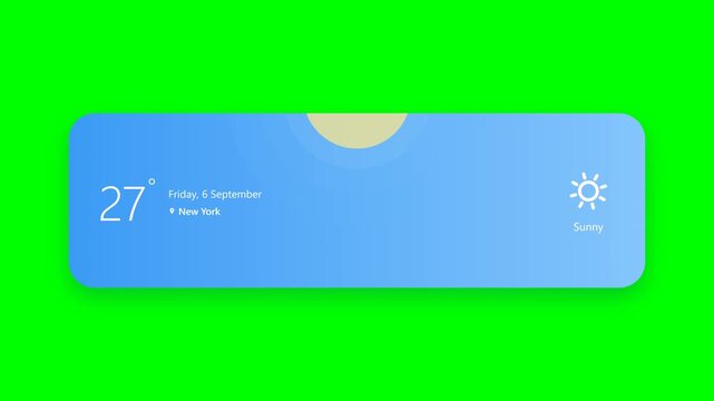 Clean vector animation of a sunny weather forecast card for New York with rotating sun rays and radiant pulsating ambient sky glow on green screen.
