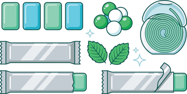 Mint Chewing Gum Icon Set Featuring Spearmint Sticks, Peppermint Pellets, Fresh Leaves, and Bubble Gum Roll Packaging for Confectionery and Dental Hygiene Product Designs