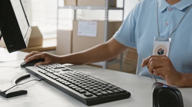 Unrecognizable female warehouse worker scanning parcel with barcode scanner, typing shipping data on computer keyboard. Suitable for e-commerce logistics and order fulfillment projects