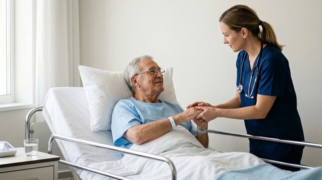 Caring female nurse holding the hand of a senior male patient in a hospital bed, providing comfort and emotional support in a clinical healthcare setting