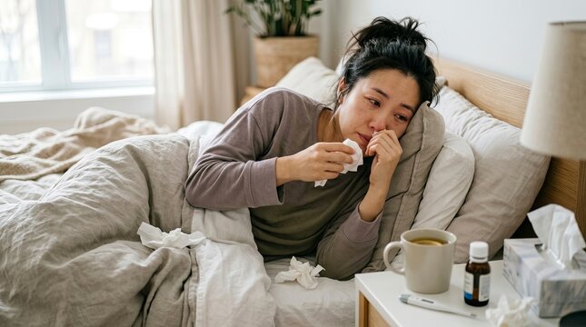 Sick Asian woman lying in bed suffering from cold or flu symptoms, blowing nose with tissues