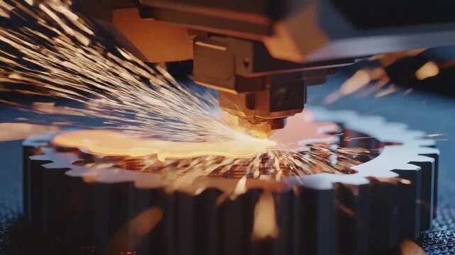 Extrusion of glowing molten liquid metal forming aerospace titanium gear inside dark industrial laboratory.
