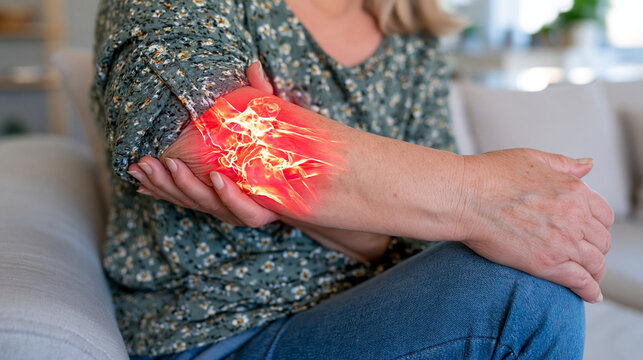 Close-up of an older woman's hands holding a painful forearm, realistic red highlighted region around the muscles and joints representing inflammation, detailed skin texture and subtle signs of agin